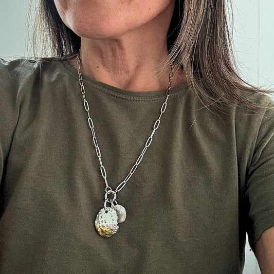 Broken Kina Shell & Baroque Pearl Charm Holder Necklace (Silver)