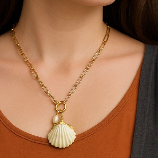 Cockle Shell & Baroque Pearl Necklace (Charm Holder Chain)