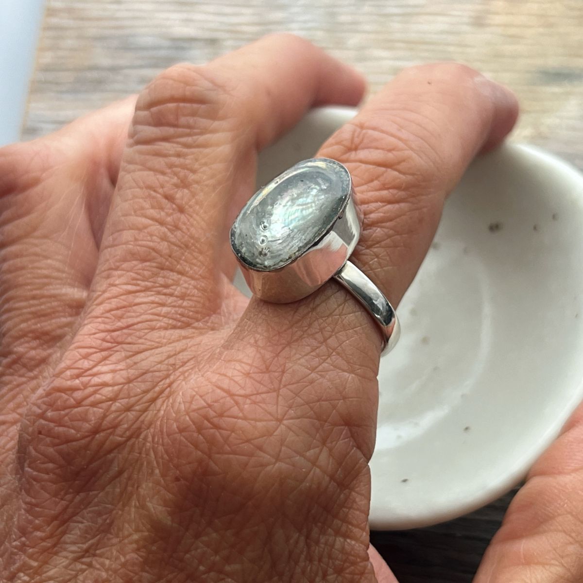 SS15 - Farm Paua Shell 20mm Sterling Silver Ring 6 (Seconds)