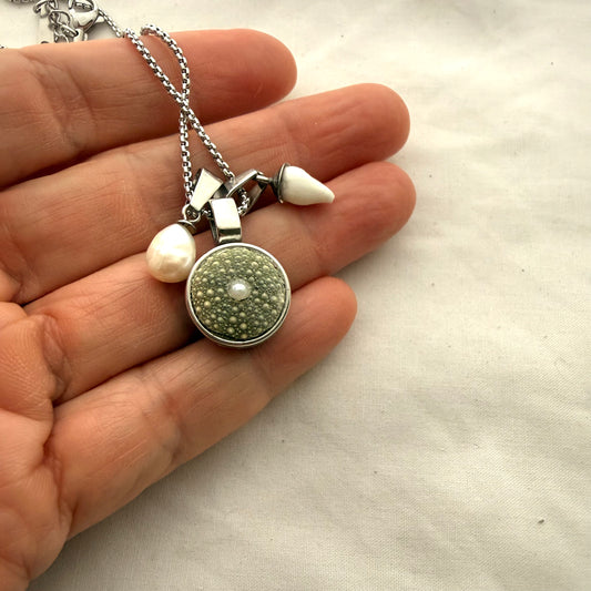Shell Story Trio Necklace: Framed Kina, Pearl & Whelk