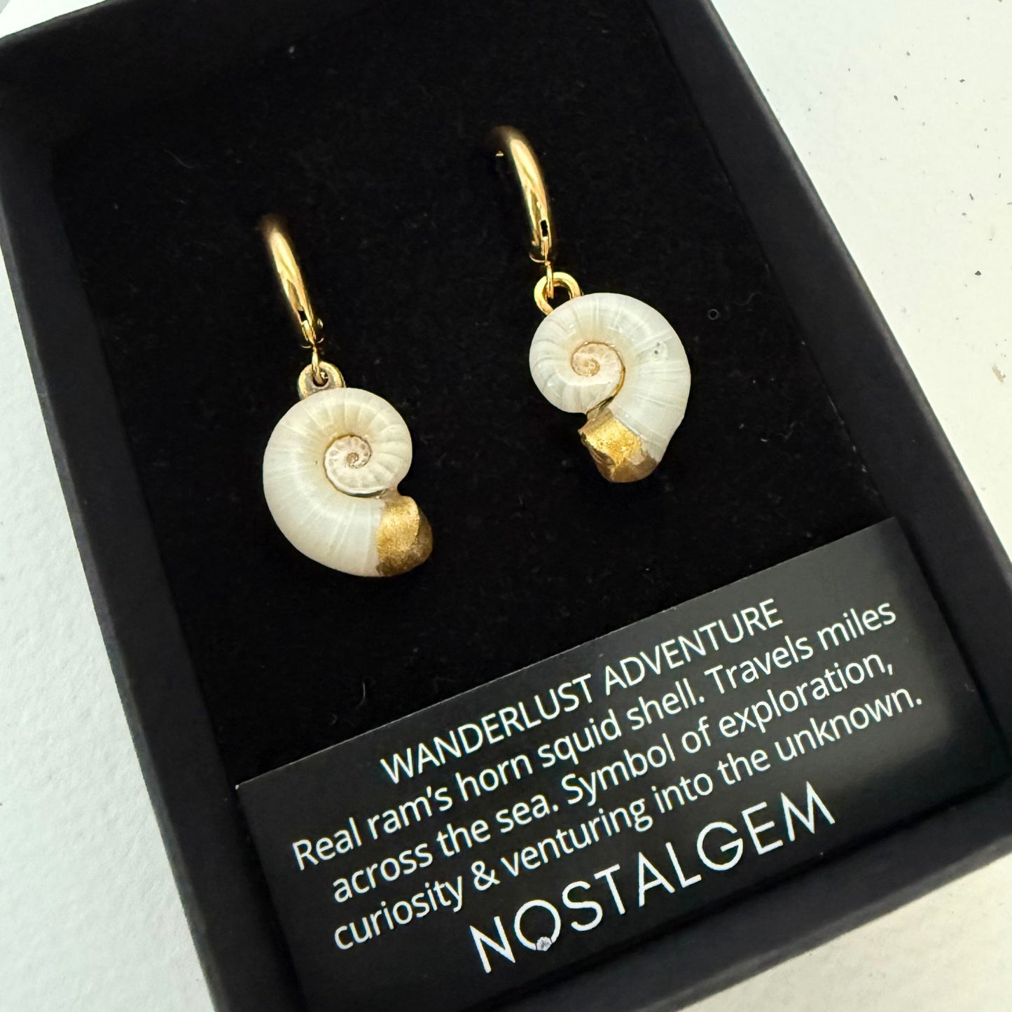 Wanderlust Spirals – Ram’s Horn Squid Shell Earrings - with Box