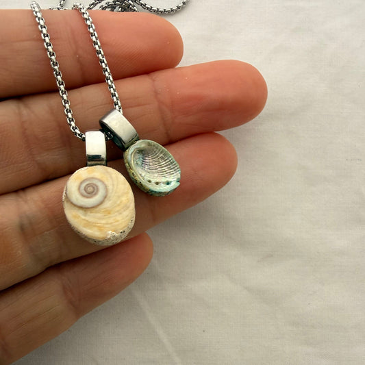 Cat's eye and paua shell necklace close-up detail