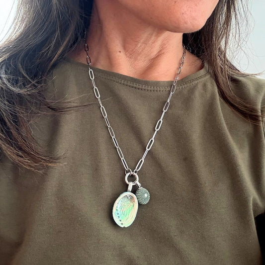 Statement Paua & Kina Shell Pair Charm Holder Necklace (Silver)