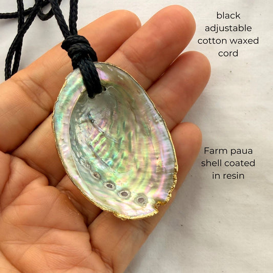 Paua shell cord necklace close-up detail