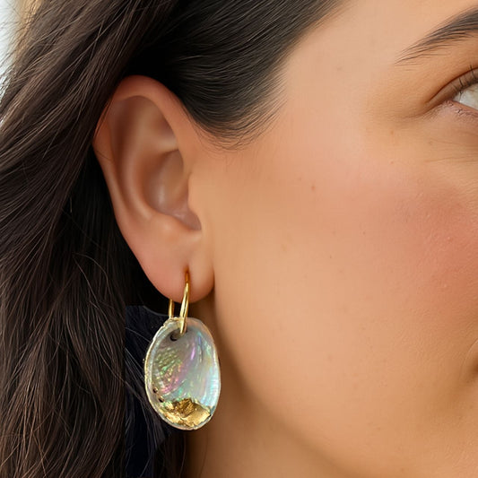 Paua shell kintsugi earrings worn on model