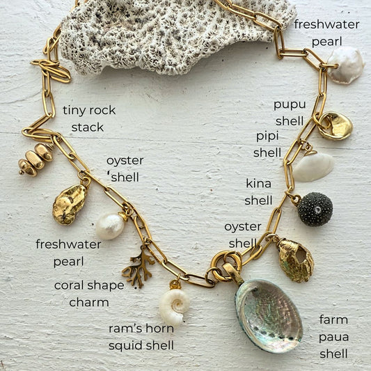 Statement charm necklace close-up showing shell charms