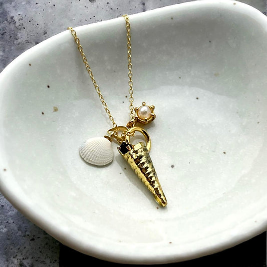 Tiny Tiday Treasures Trio - Cockle Shell, Turret Shell & Rice Pearl Necklace