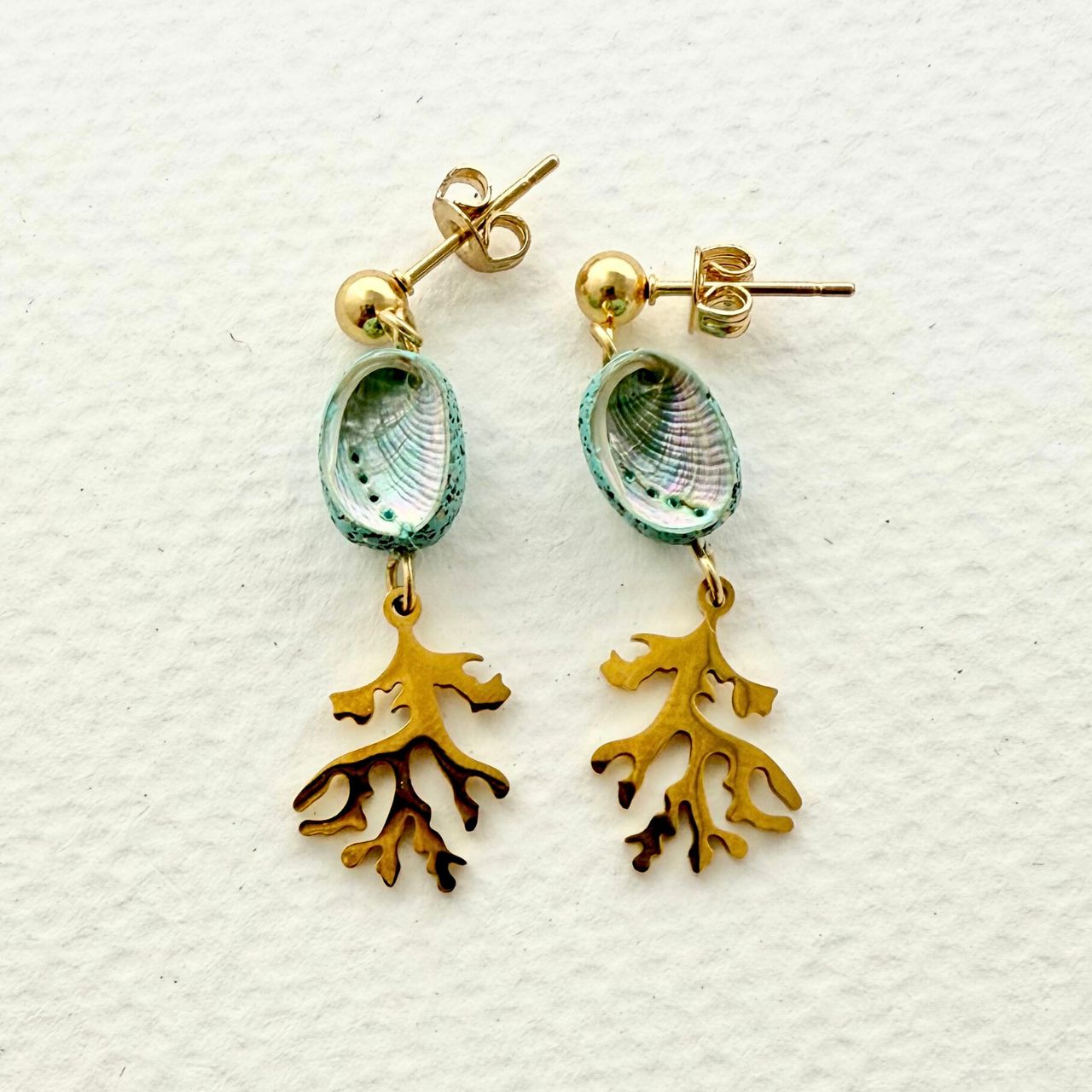 Tiny Paua & Coral Drop Earrings