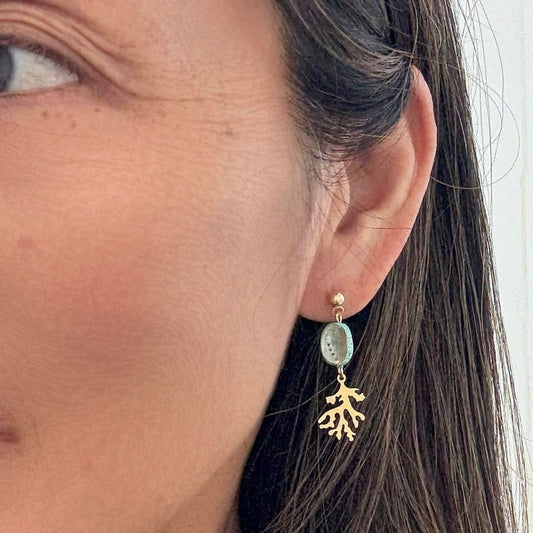 Tiny Paua & Coral Drop Earrings