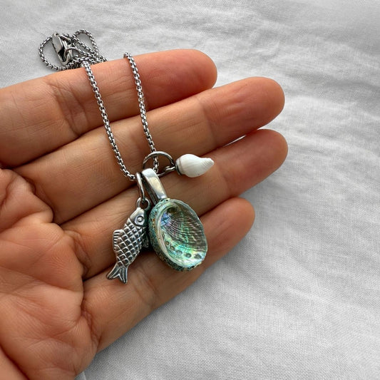 The Sea Story Trio Charm Necklace: Fish, Paua & Whelk Shells