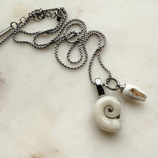 Mother & Child Shell Story Necklace: Ram's Horn + Whelk (Silver)