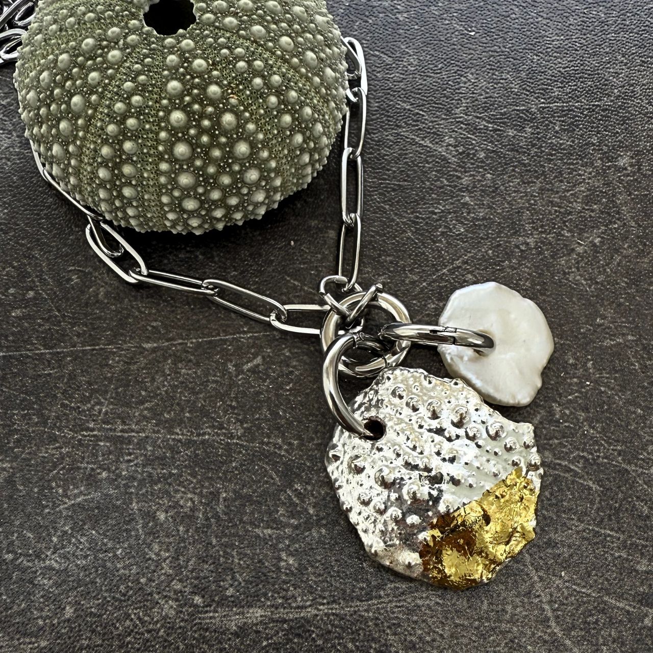 Broken Kina Shell & Baroque Pearl Charm Holder Necklace (Silver)