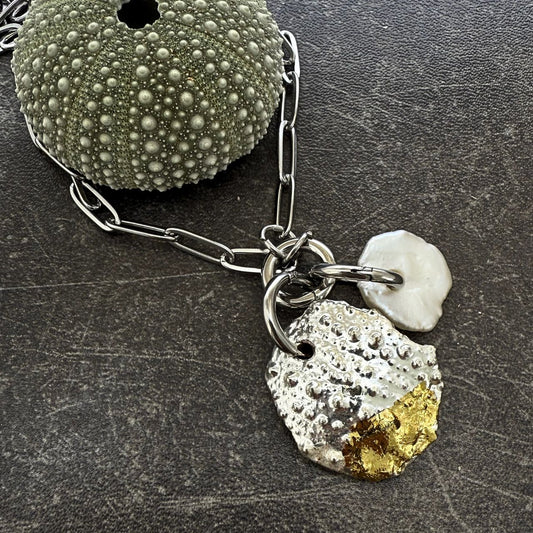 Broken Kina Shell & Baroque Pearl Charm Holder Necklace (Silver)