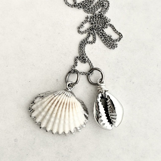 Shell Story Necklace: Cockle & Cowrie Shell Pair (Silver)