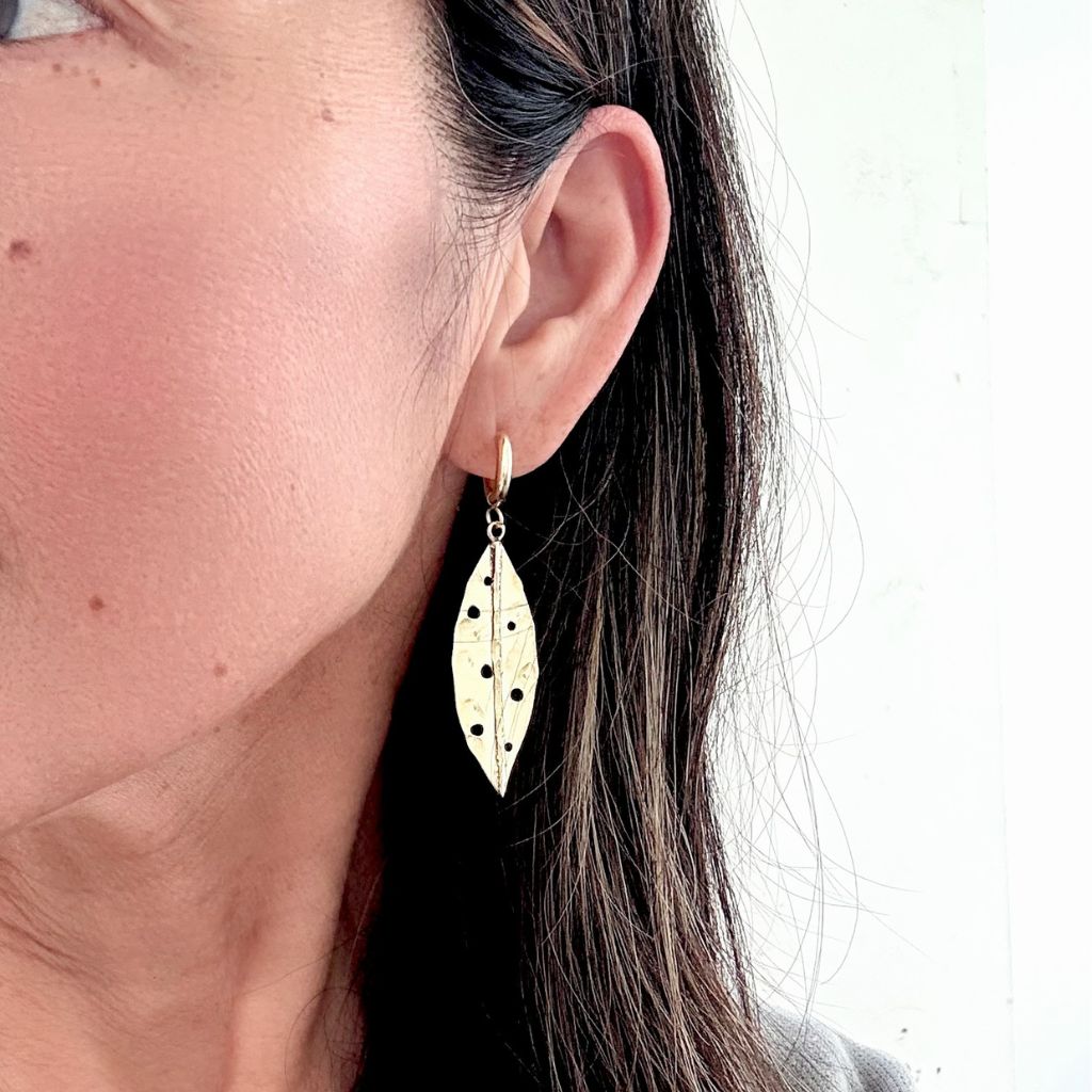 Pohutukawa Leaf Earrings - Hammered Recycled Brass