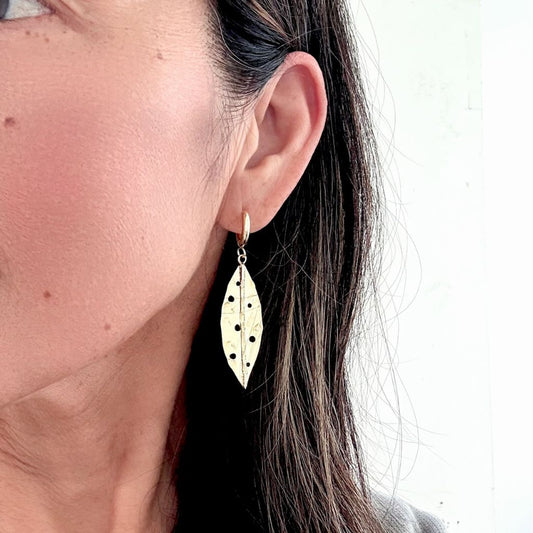 Pohutukawa Leaf Earrings - Hammered Recycled Brass