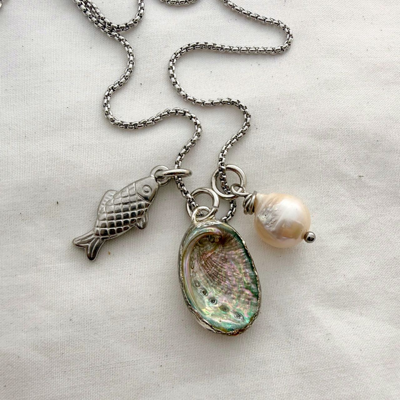 The Seafarer’s Story Trio Necklace: Paua, Pearl & Fish