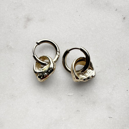Weathered Pupu Sea Snail Shell Hoop Earrings Silver