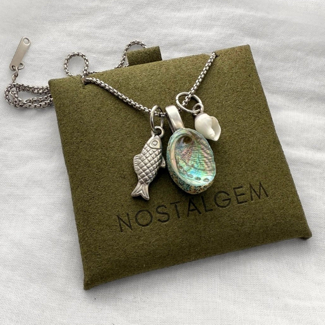 The Sea Story Trio Charm Necklace: Fish, Paua & Whelk Shells