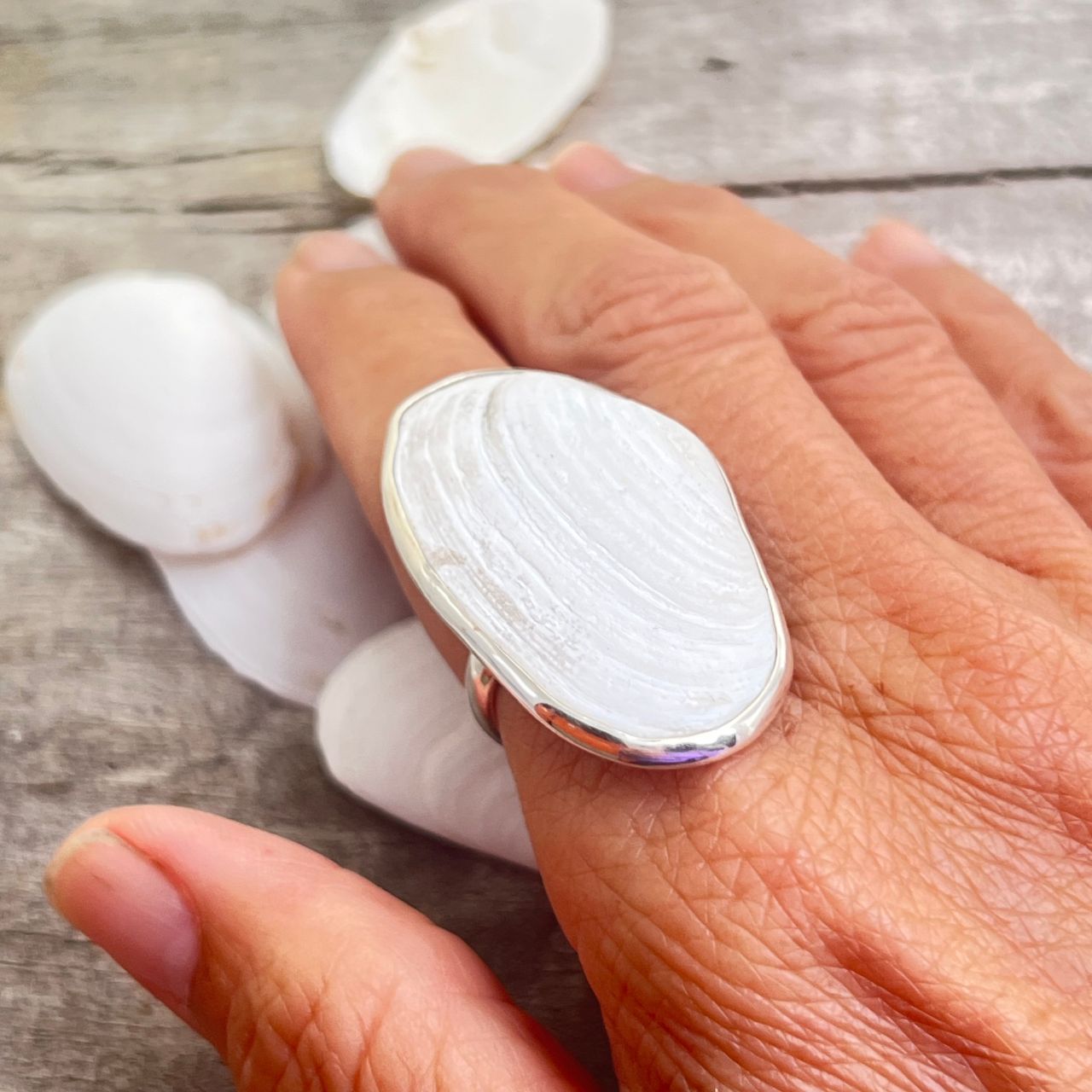 Large Surf Clam Pipi Shell Adjustable Sterling Silver Ring