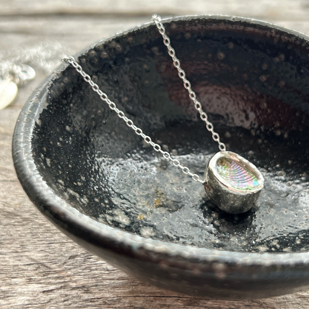 Single Paua Shell Embedded In Silver Claystone Necklace