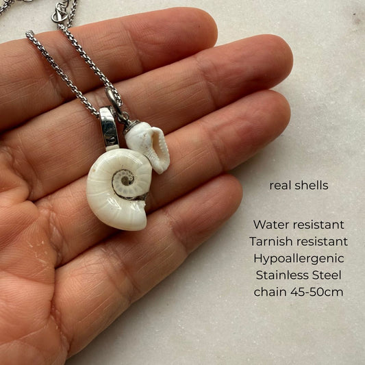 Mother & Child Shell Story Necklace: Ram's Horn + Whelk (Silver)