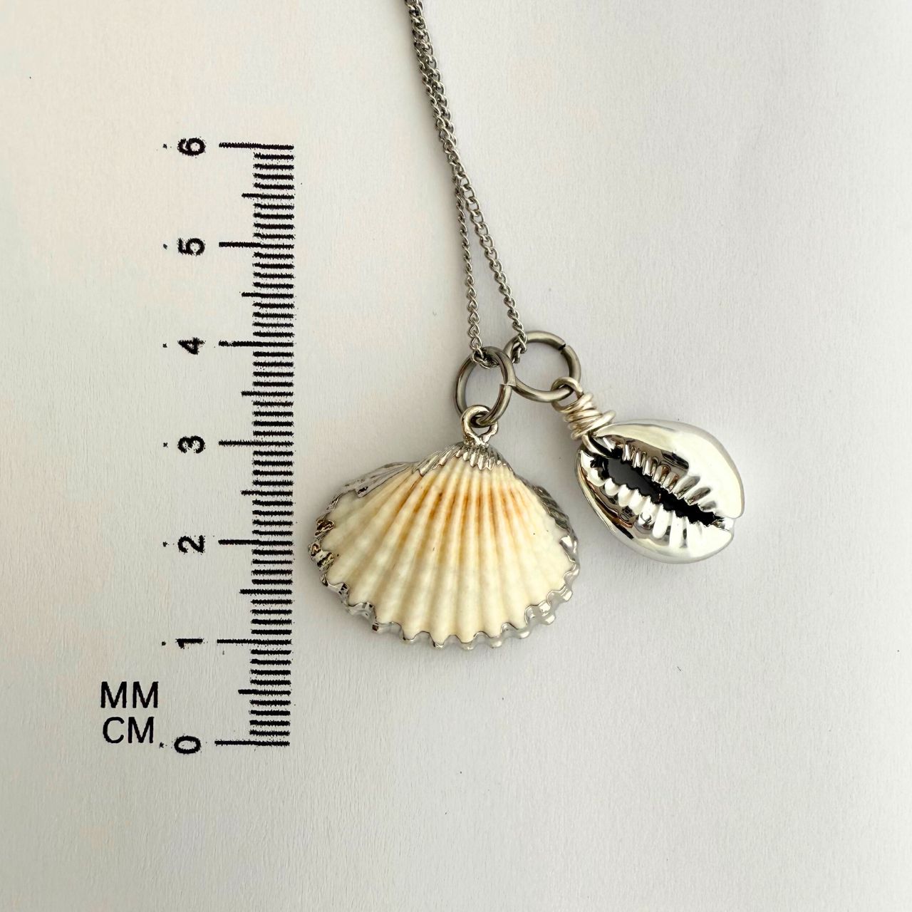 Shell Story Necklace: Cockle & Cowrie Shell Pair (Silver)