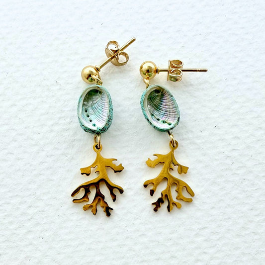 Tiny Paua & Coral Drop Earrings