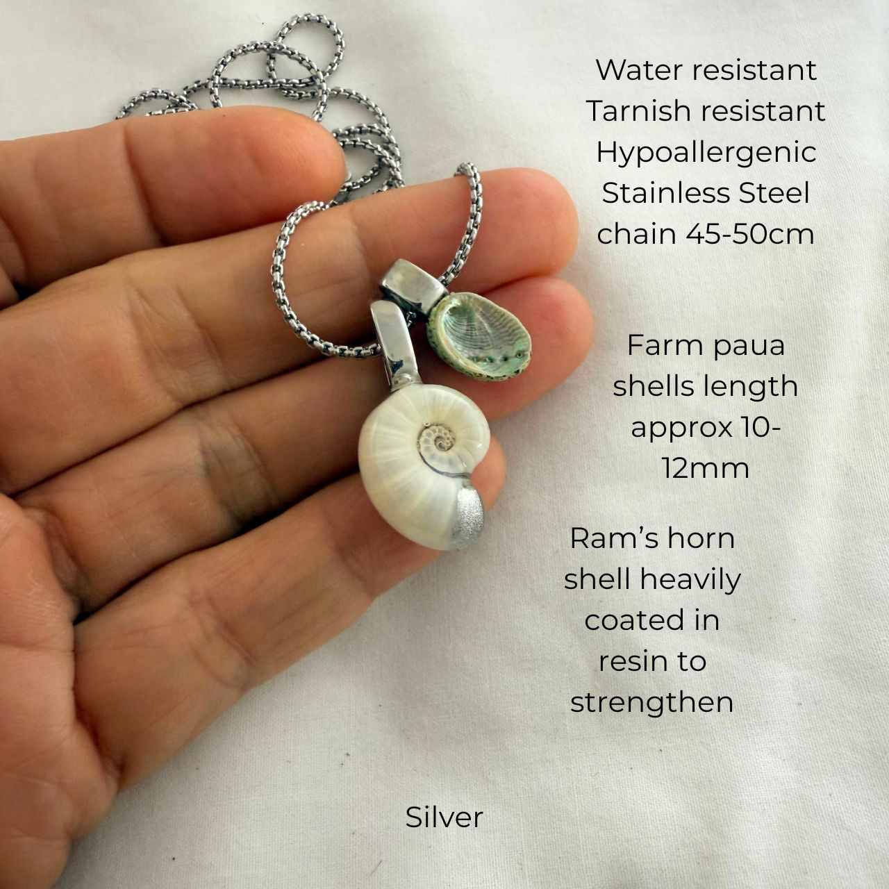 Mother & Child Shell Story Necklace: Ram's Horn Squid & Paua Shell