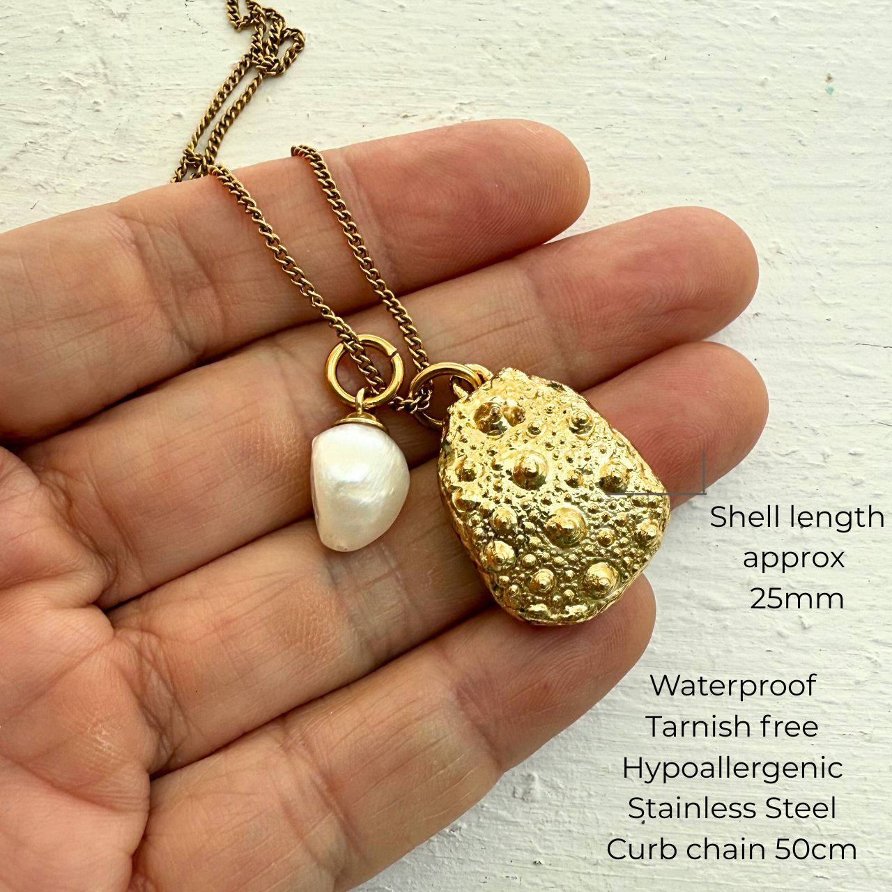 Broken Kina Shell & Baroque Pearl Necklace (Gold)