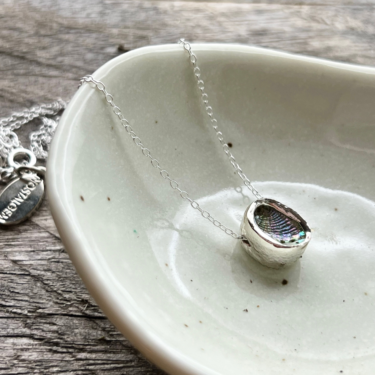 Single Paua Shell Embedded In Silver Claystone Necklace