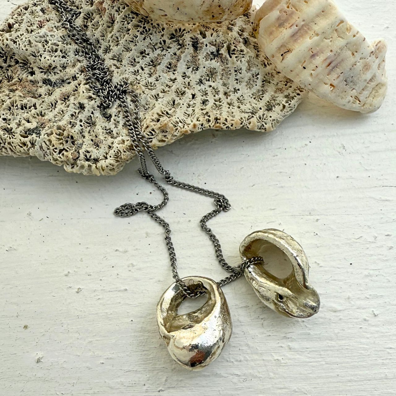 Tide-Worn Pair Sea Shell Necklace (Silver)