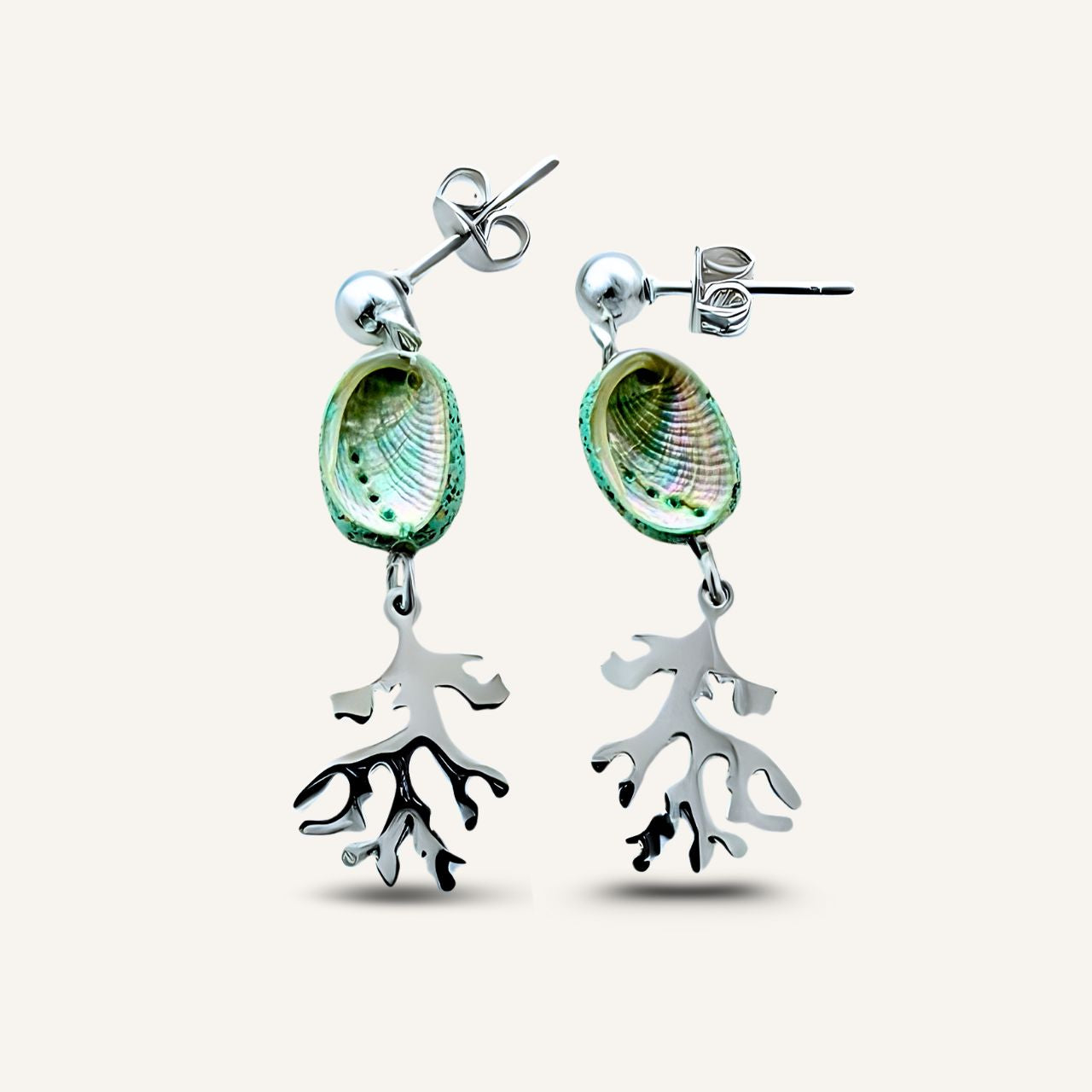 Tiny Paua & Coral Drop Earrings