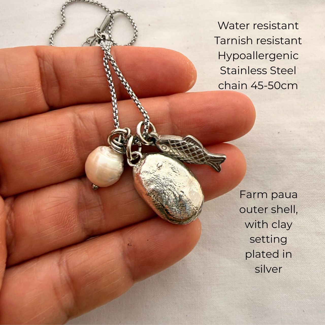 The Seafarer’s Story Trio Necklace: Paua, Pearl & Fish