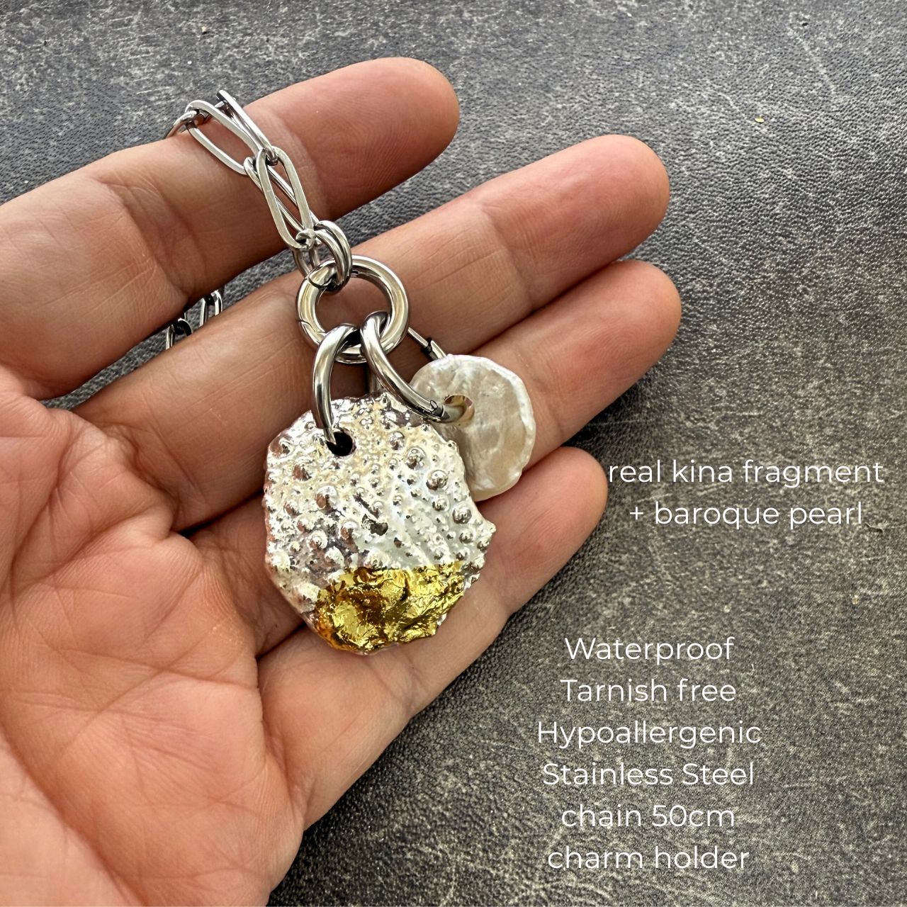 Broken Kina Shell & Baroque Pearl Charm Holder Necklace (Silver)