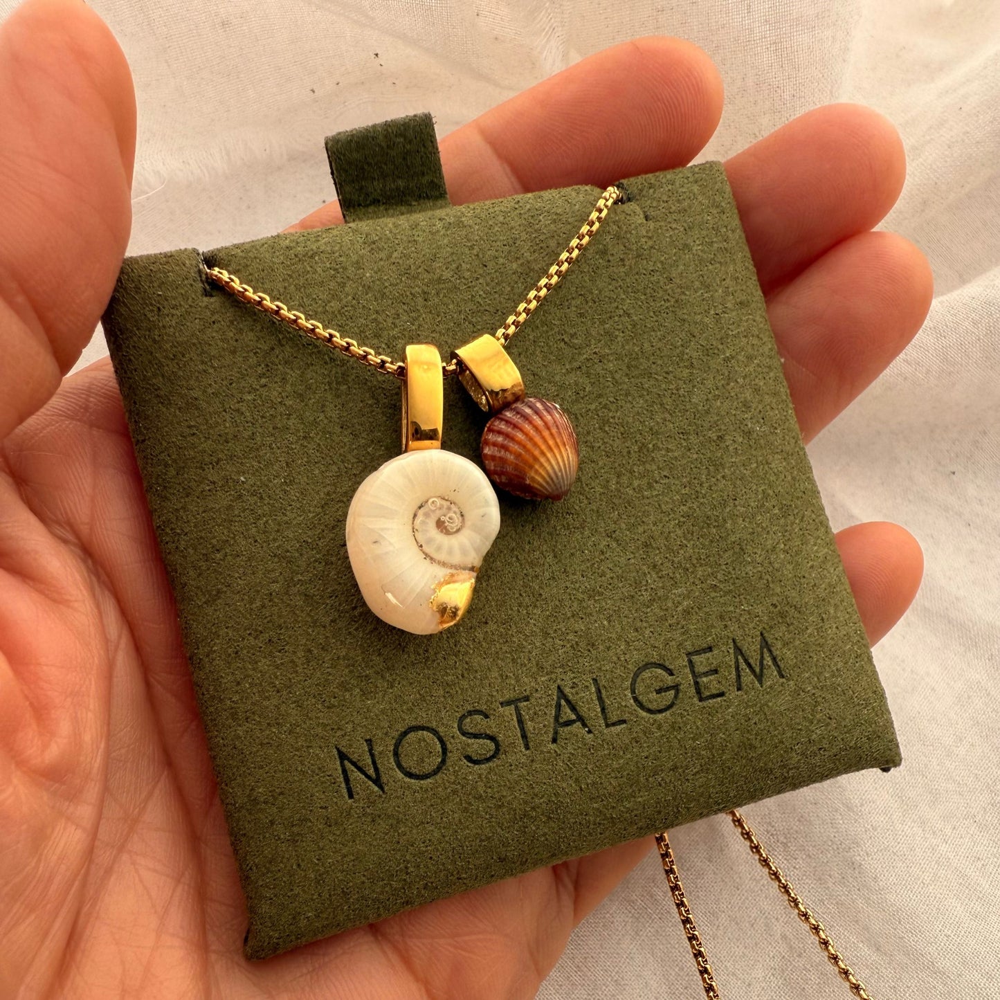 Mother & Child Shell Story Necklace: Ram's Horn Squid & Cockle Shell