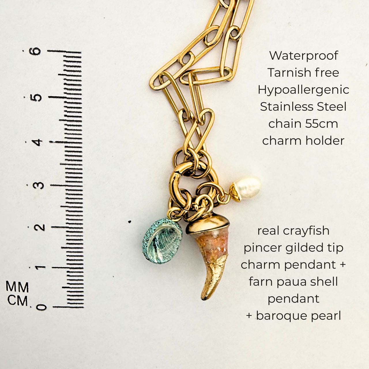 Pāua Pincer Pearl Trio Charm Holder Necklace (Gold)