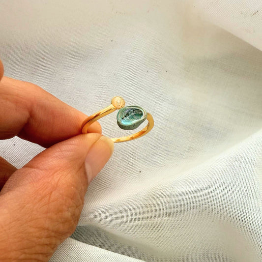 Tiny Paua & Sand Dome Adjustable Sterling Silver Ring Cuff (Gold)