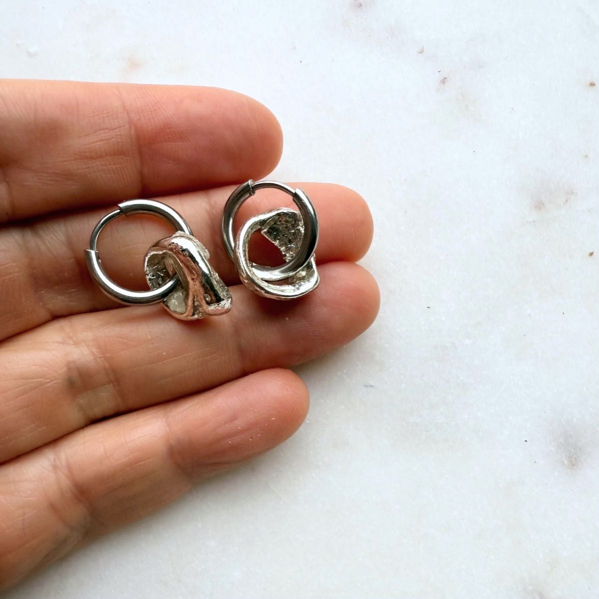 Weathered Pupu Sea Snail Shell Hoop Earrings Silver