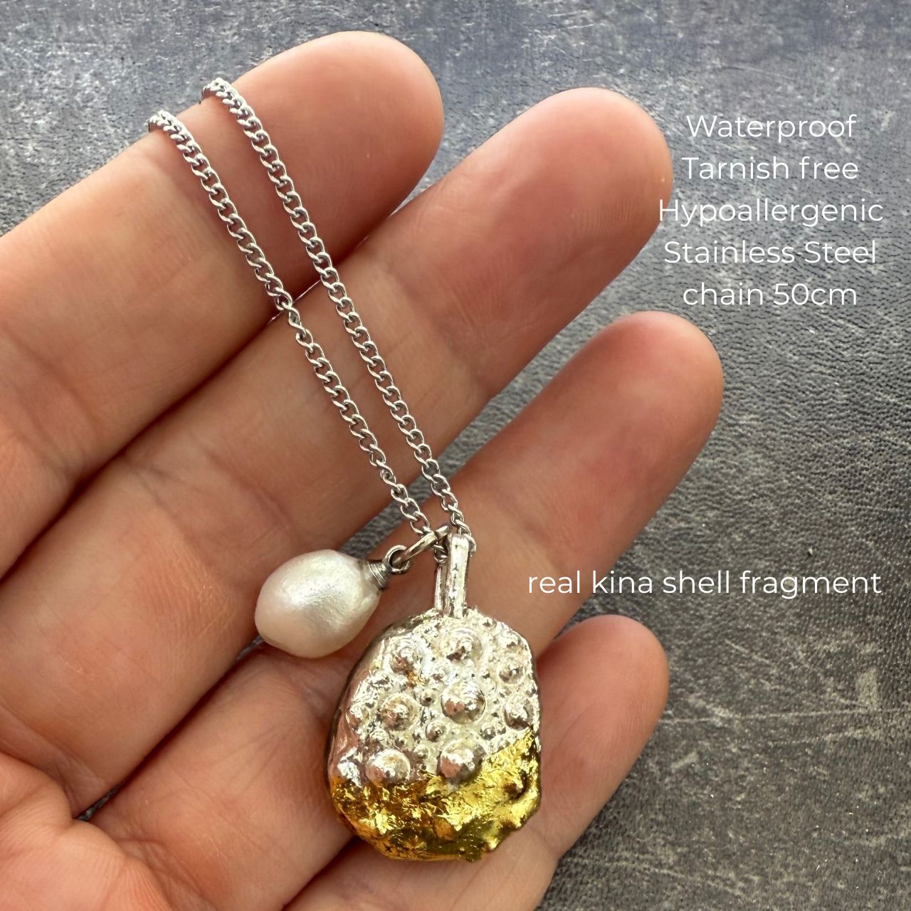 Broken Kina Shell & Baroque Pearl Necklace (Silver)