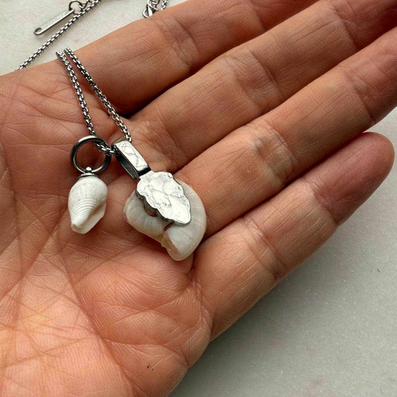 Mother & Child Shell Story Necklace: Ram's Horn + Whelk (Silver)