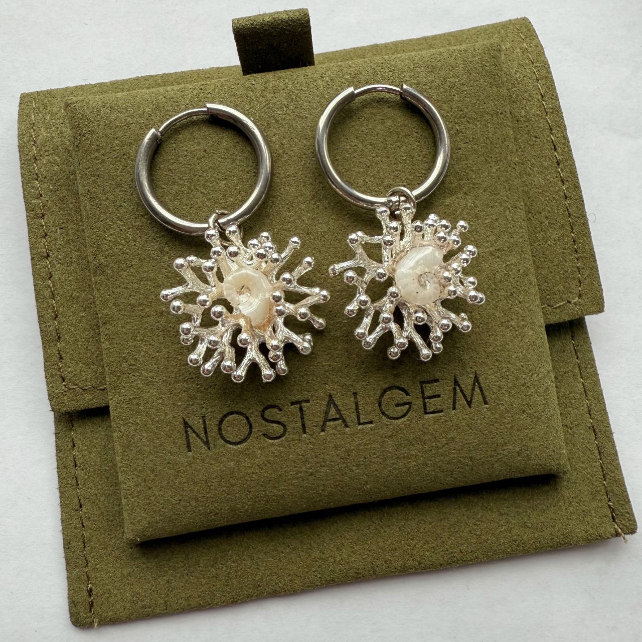 Tiny Ram's Horn Squid Shell Coral Nest Earrings