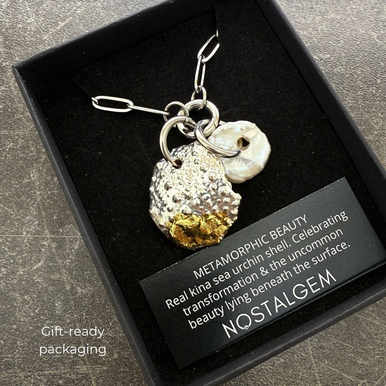 Broken Kina Shell & Baroque Pearl Charm Holder Necklace (Silver)