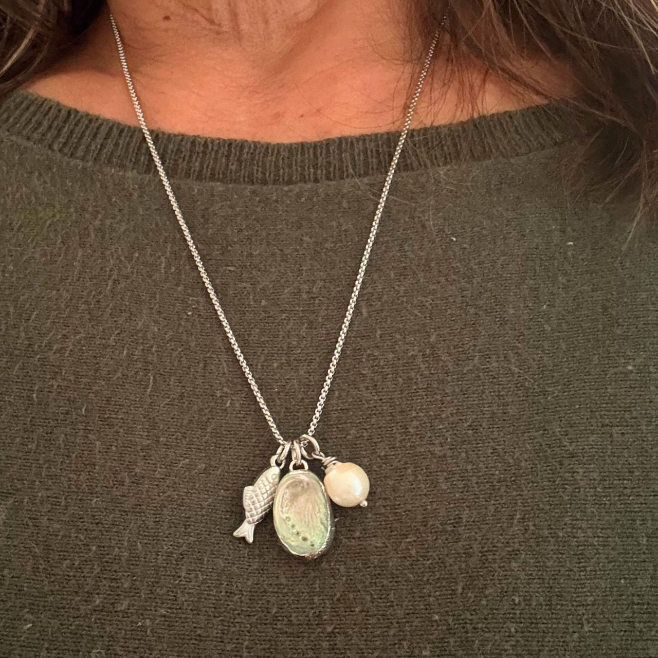 The Seafarer’s Story Trio Necklace: Paua, Pearl & Fish