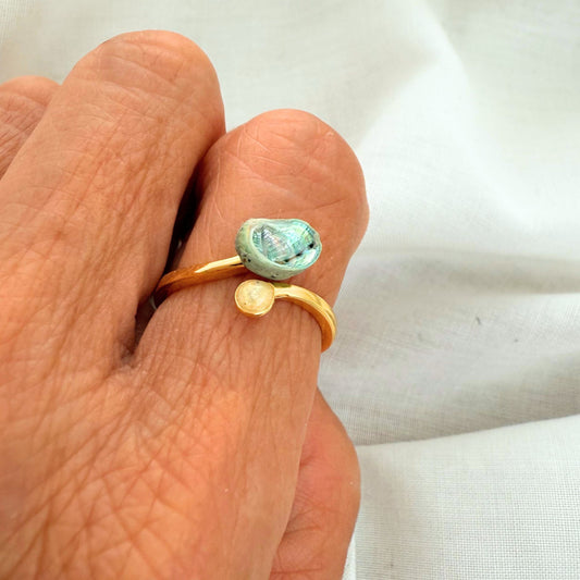 Tiny Paua & Sand Dome Adjustable Sterling Silver Ring Cuff (Gold)