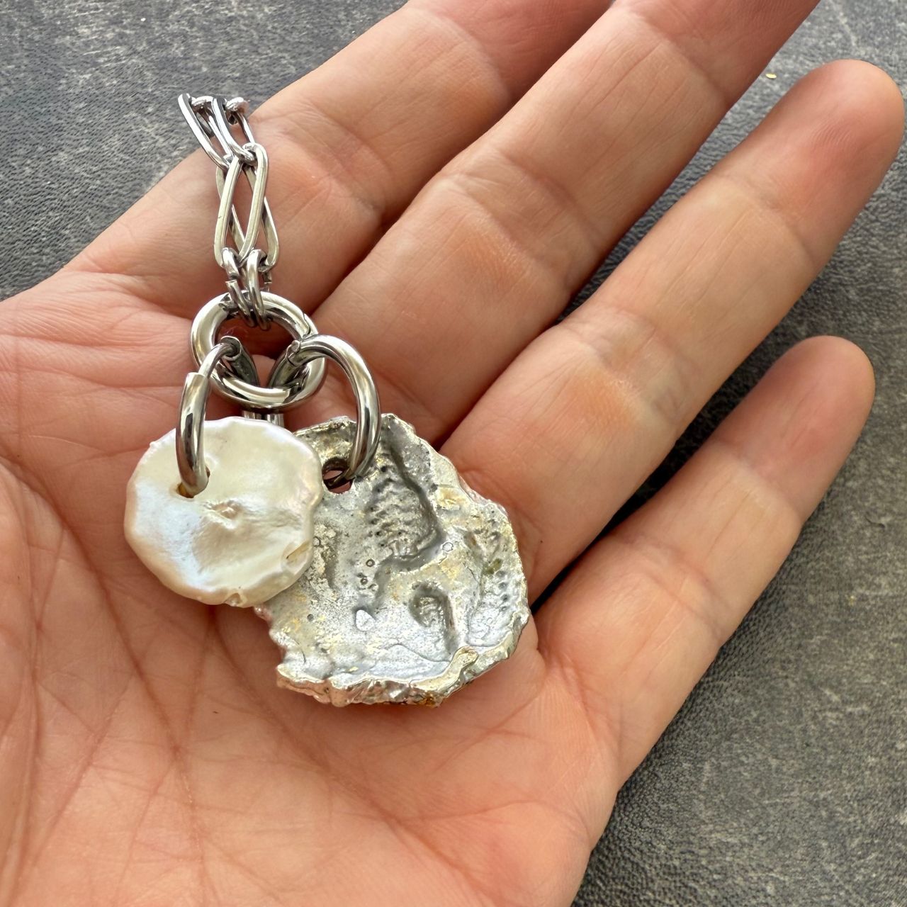 Broken Kina Shell & Baroque Pearl Charm Holder Necklace (Silver)
