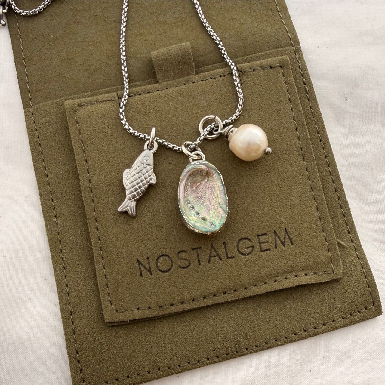 The Seafarer’s Story Trio Necklace: Paua, Pearl & Fish