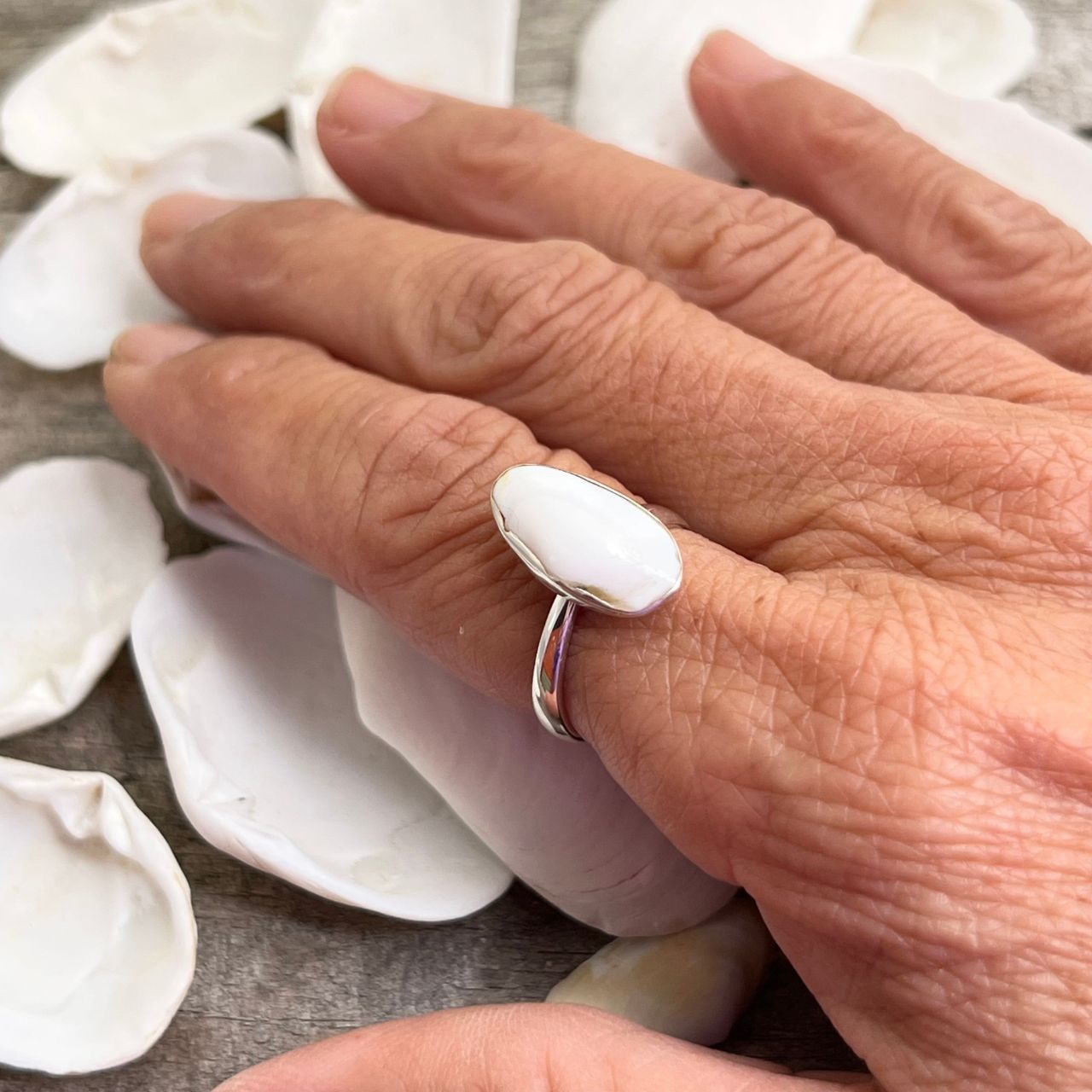 Surf Clam Pipi Shell (14-20mm) Adjustable Sterling Silver Ring