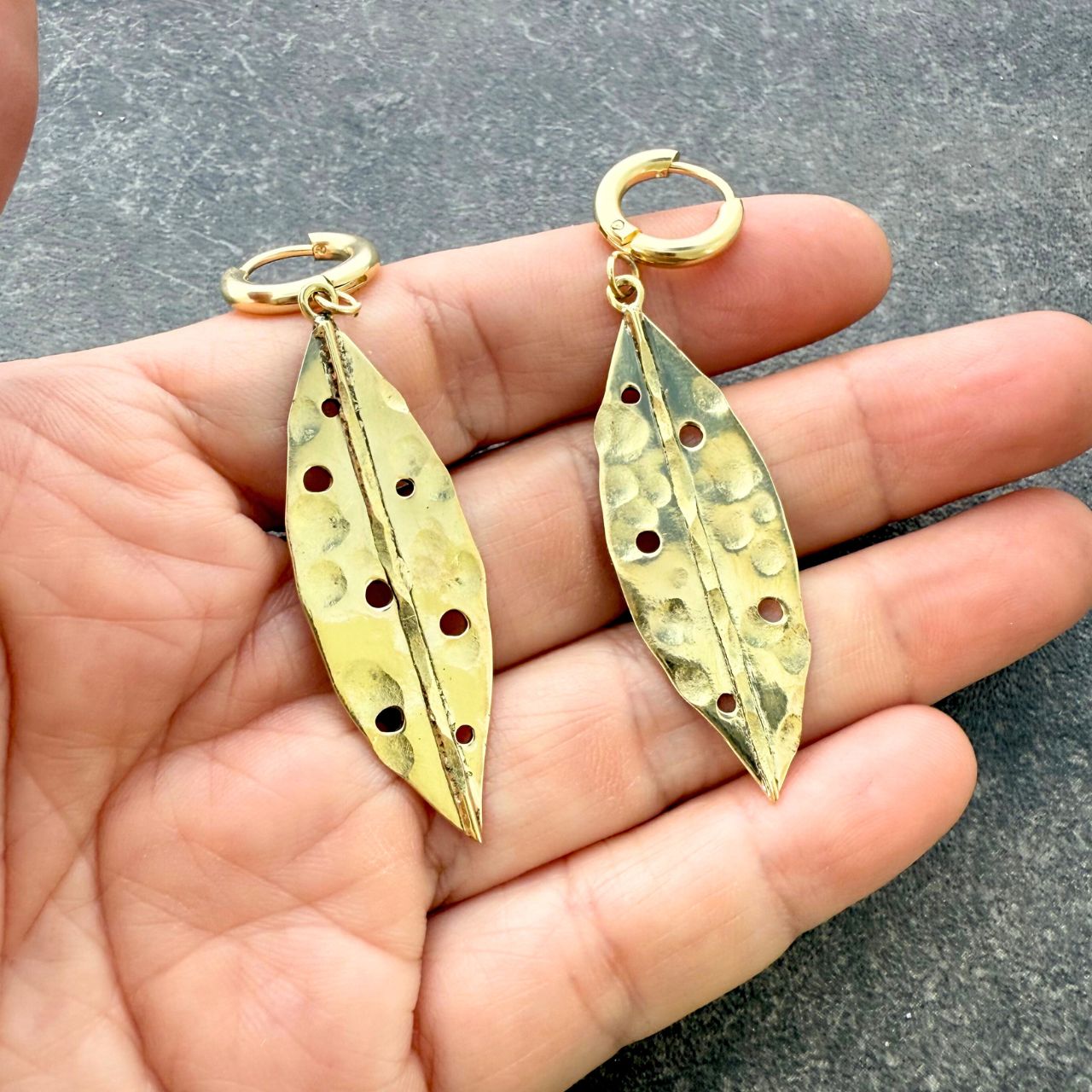Pohutukawa Leaf Earrings - Hammered Recycled Brass