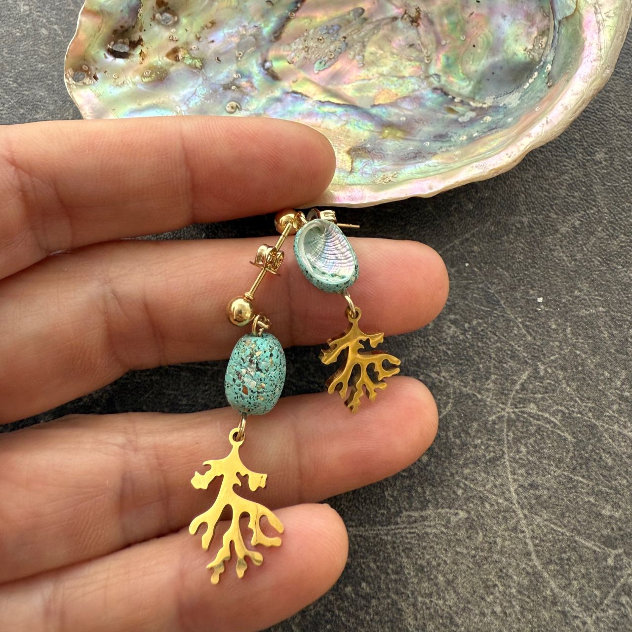 Tiny Paua & Coral Drop Earrings